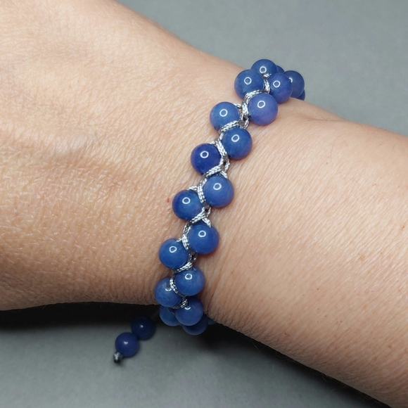 Blue Aventurine Beaded Woven Silver Adjustable Bracelet - Picture 3 of 3
